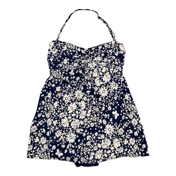 Floral Print Halter One-Piece Swimsuit, Navy Blue and White, Size 8 - Picture 1 of 4